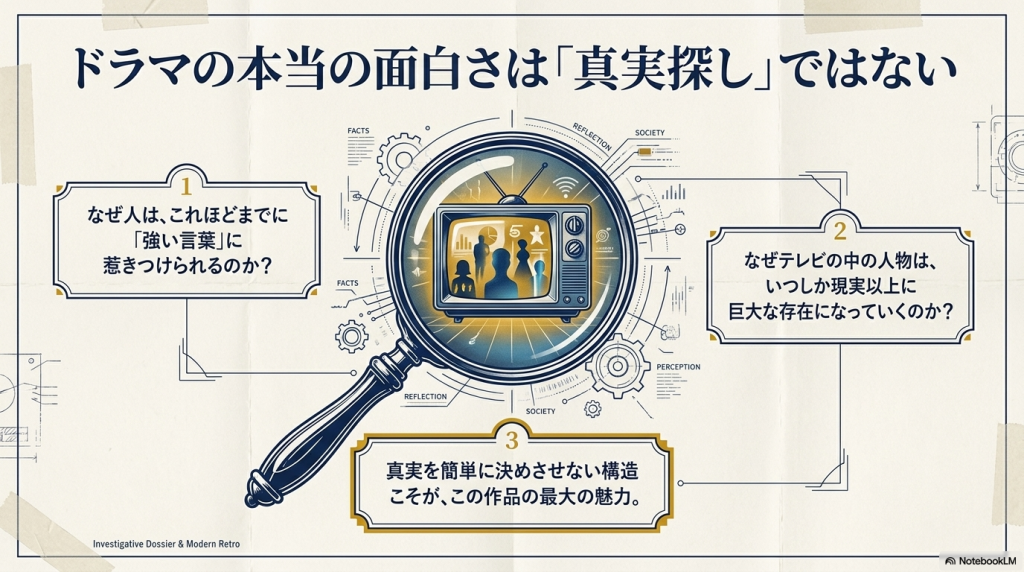 虫眼鏡でテレビ画面を覗き込むレトロな図解イラスト。周囲に「なぜ人はこれほどまでに強い言葉に惹きつけられるのか？」などの3つの問いが記されている。