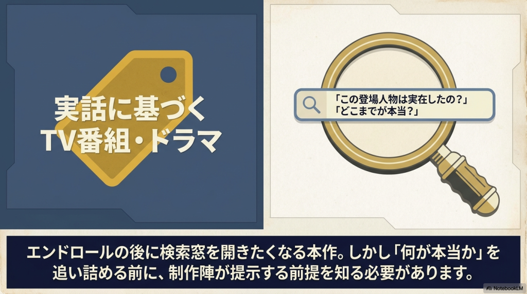 虫眼鏡の中に検索窓が重なり、「この登場人物は実在したの？」「どこまでが本当？」という疑問テキストが並ぶイラスト。