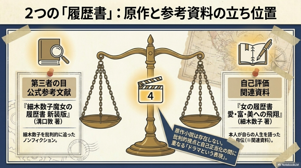 第三者の目である公式参考文献『細木数子魔女の履歴書 新装版』（溝口敦著）と、自己評価である関連資料『女の履歴書』（細木数子著）の2つの立ち位置を対比した図。